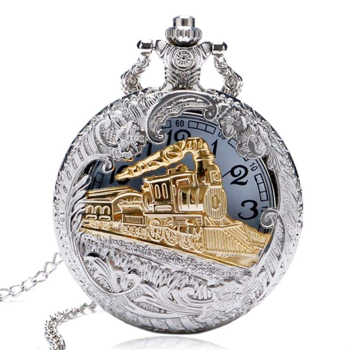 Silver and gold train pocket watch.