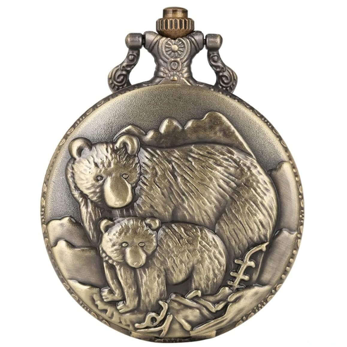Bronze pocket watch with a relief of two bears in a mountain setting.

