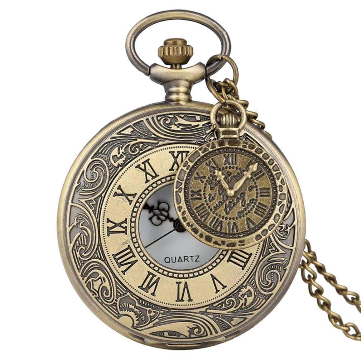 Antique-style bronze pocket watch with Roman numerals.
