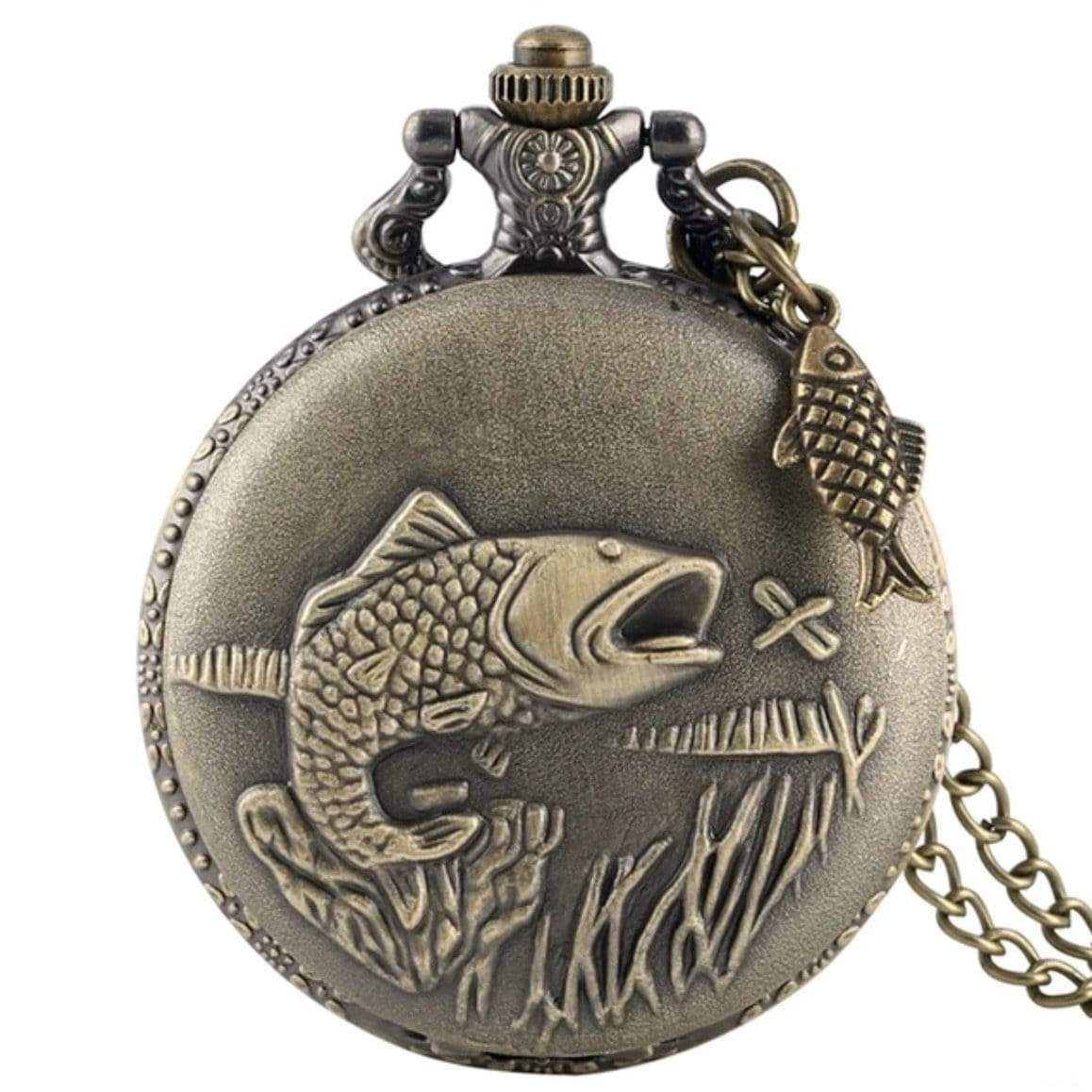 Vintage-style bronze pocket watch with a fish design and chain.