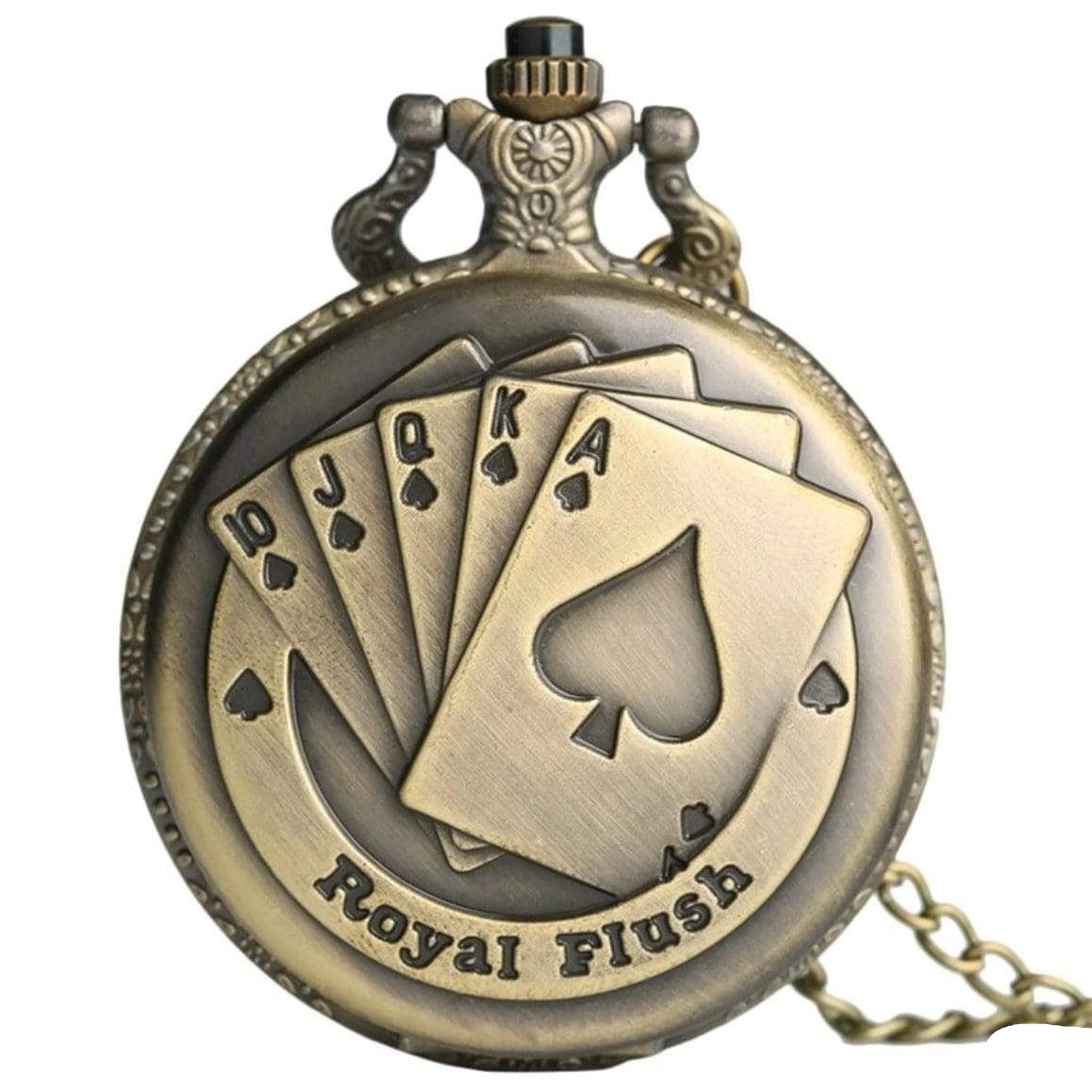 Bronze pocket watch with royal flush cards.
