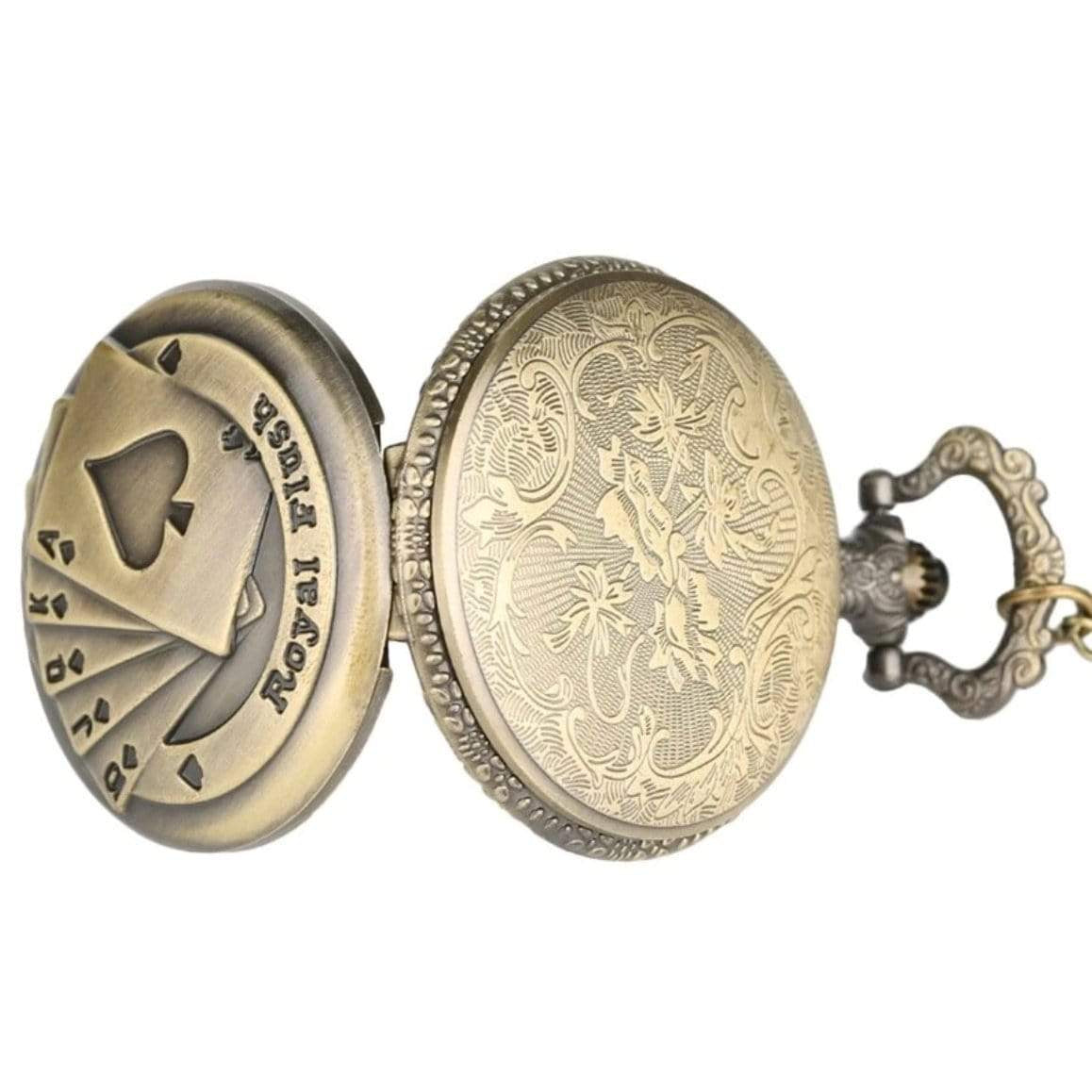 Open bronze pocket watch with a "Royal Flush" card design on the lid.
