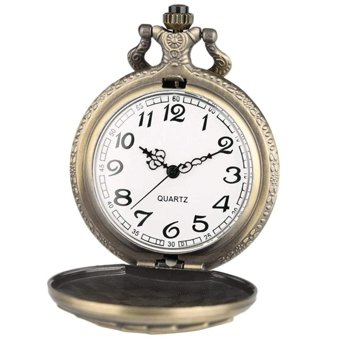 Bronze-colored pocket watch with white face and black numerals, lid open.