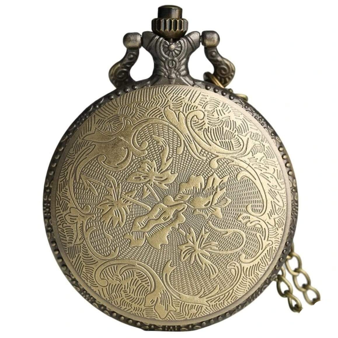 Ornate bronze pocket watch with floral engraving and chain.
