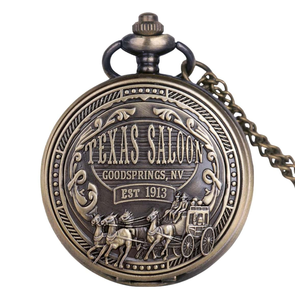 Antique-bronze pocket watch with "Texas Saloon" design and horse-drawn carriage.
