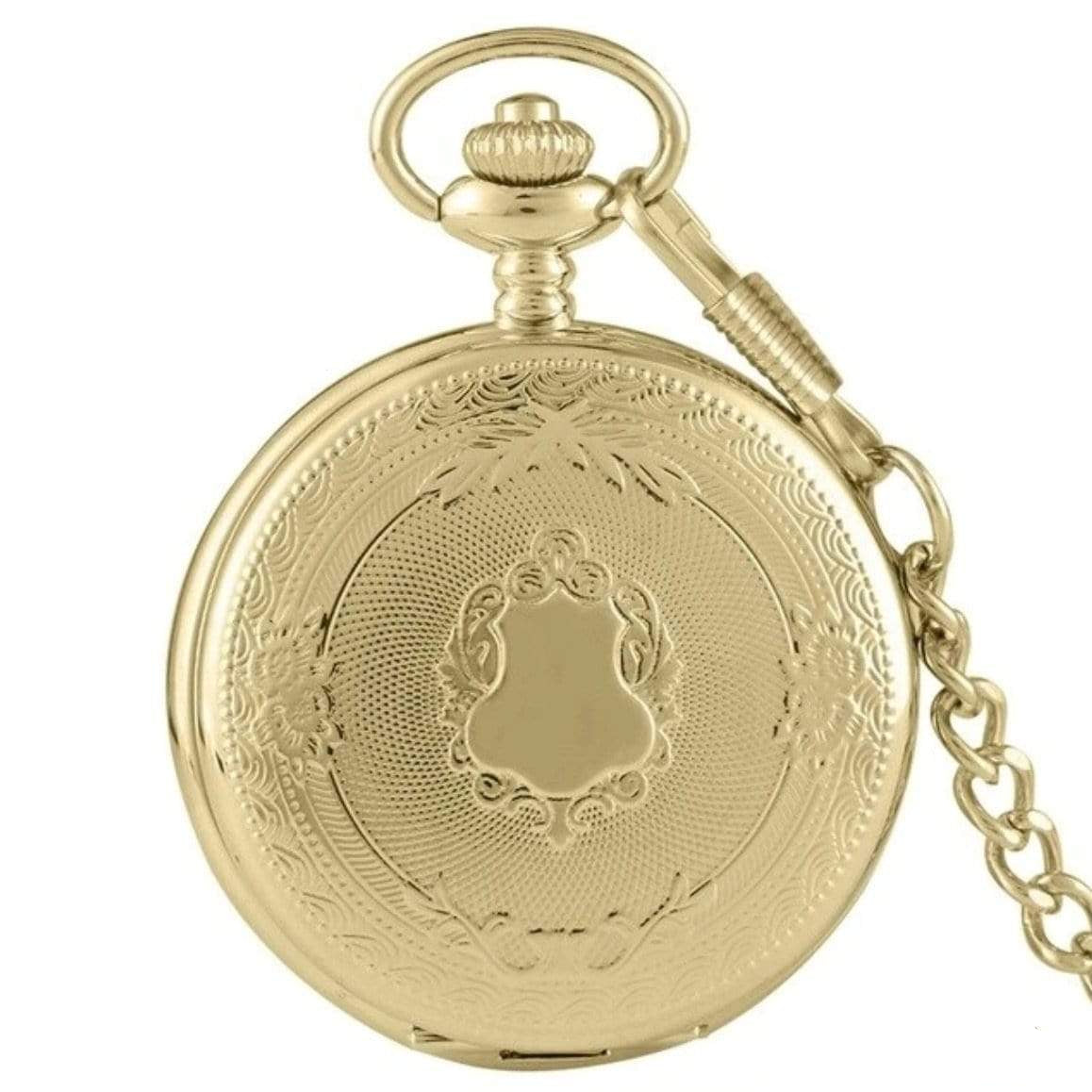 Gold pocket watch with chain.
