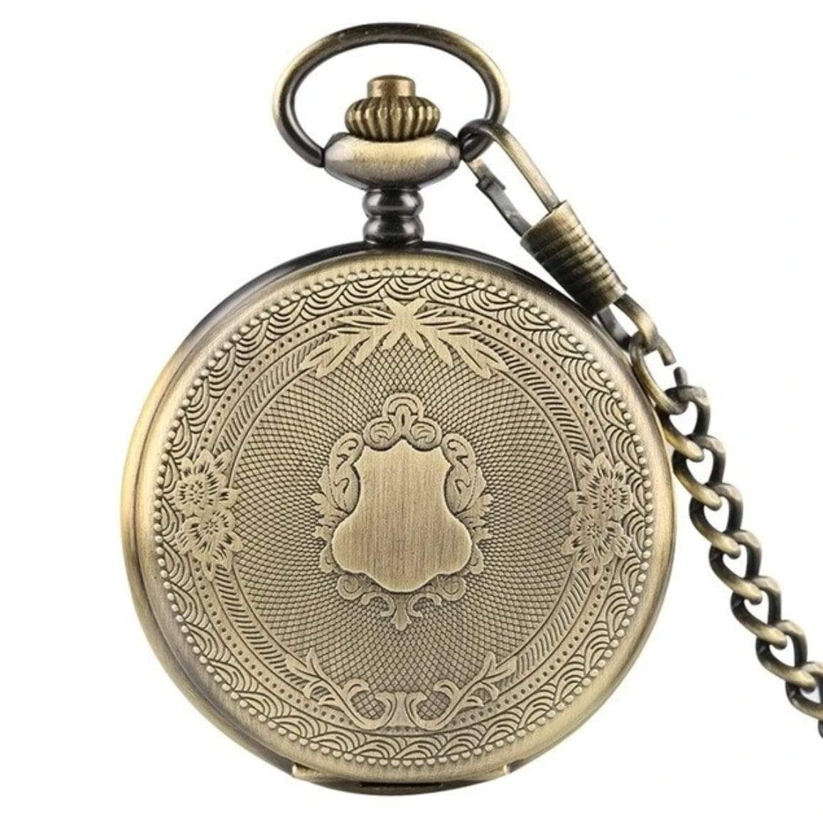 Antique bronze pocket watch with chain.
