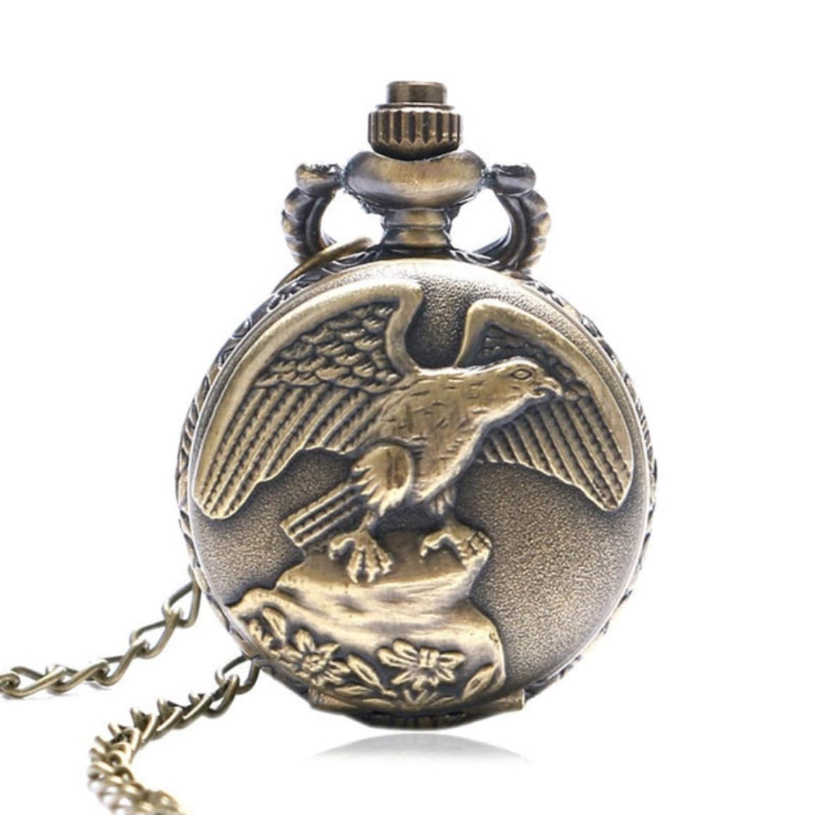 Bronze eagle pocket watch with chain.
