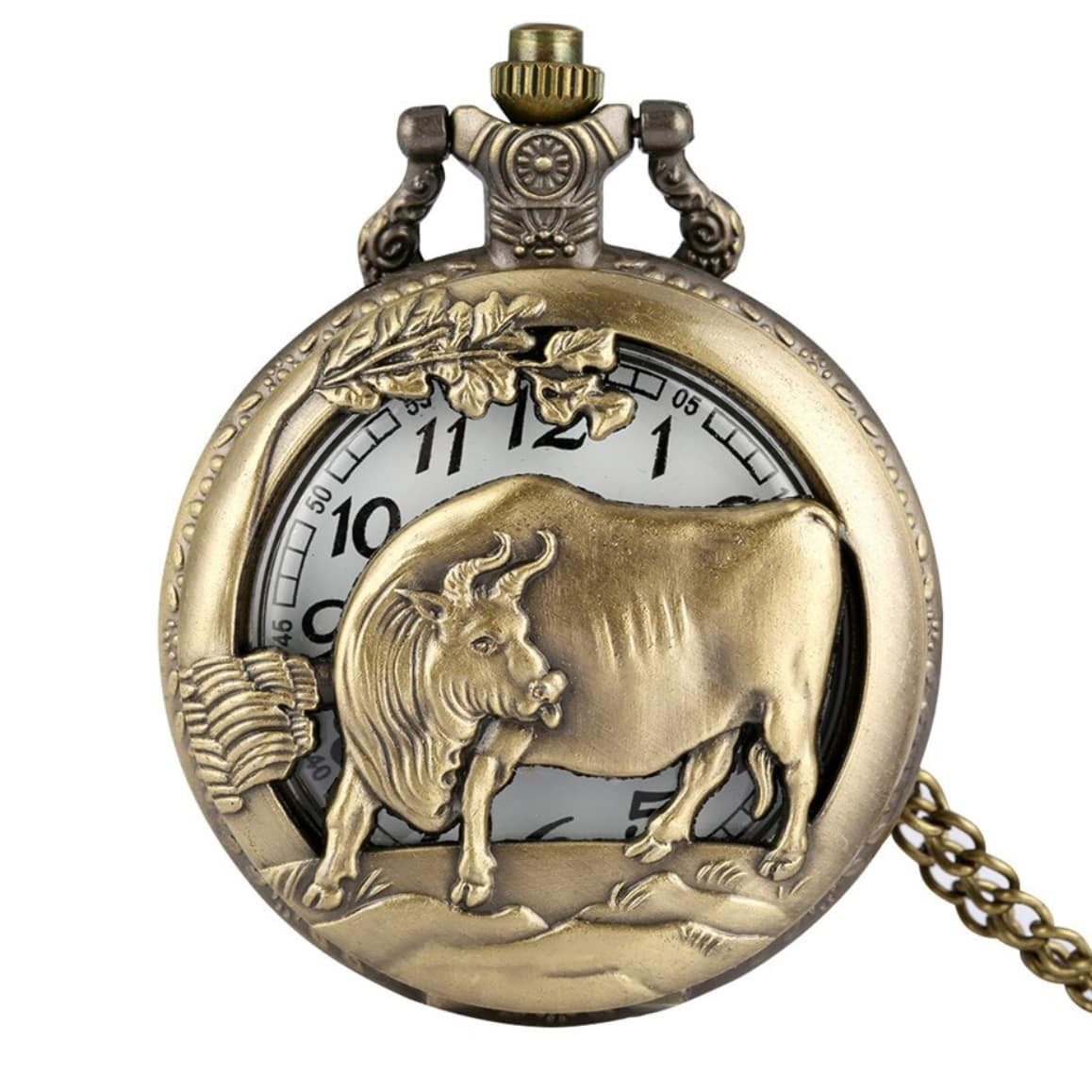 Antique-style brass pocket watch with a bull design.