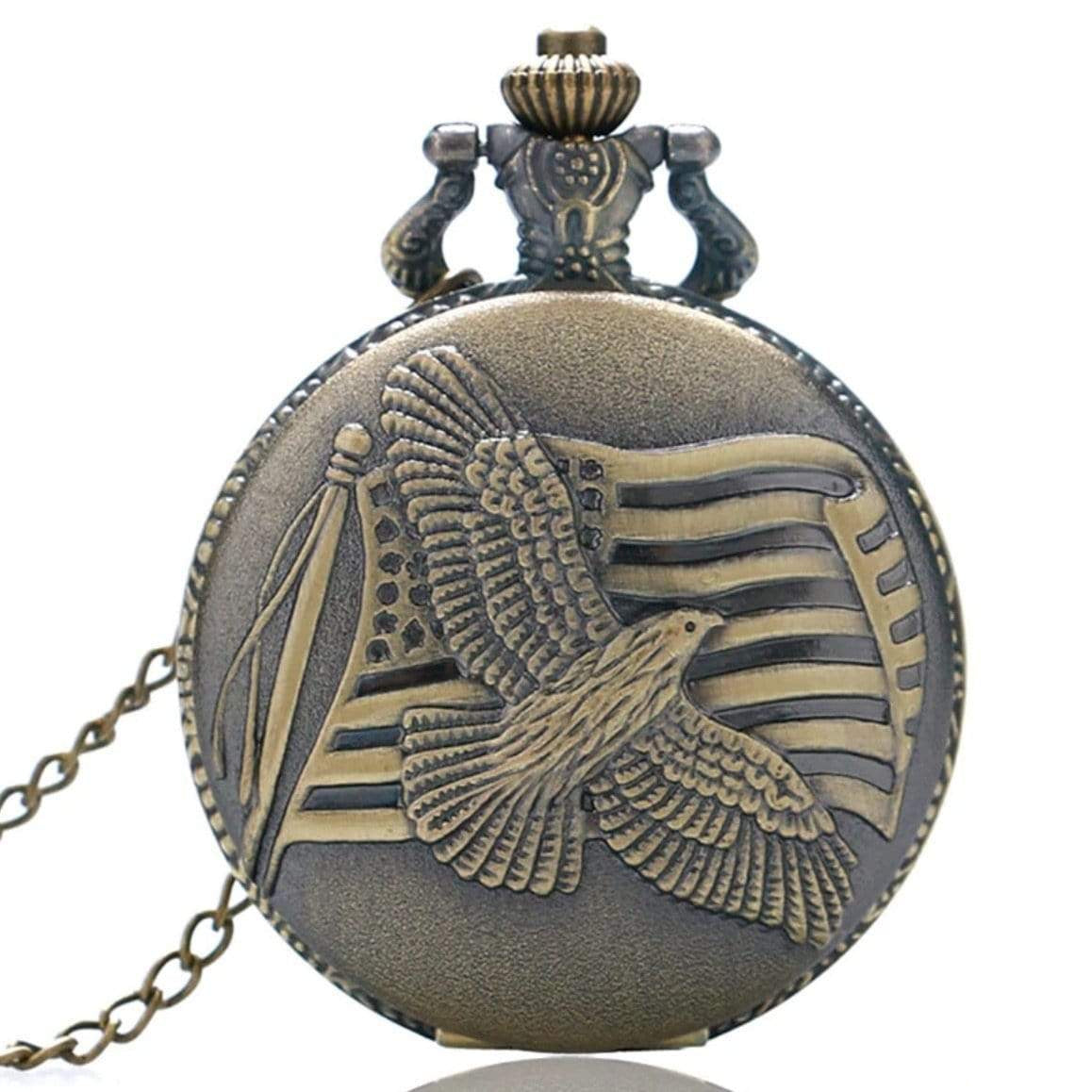 Bronze-toned pocket watch featuring an eagle and American flag design.
