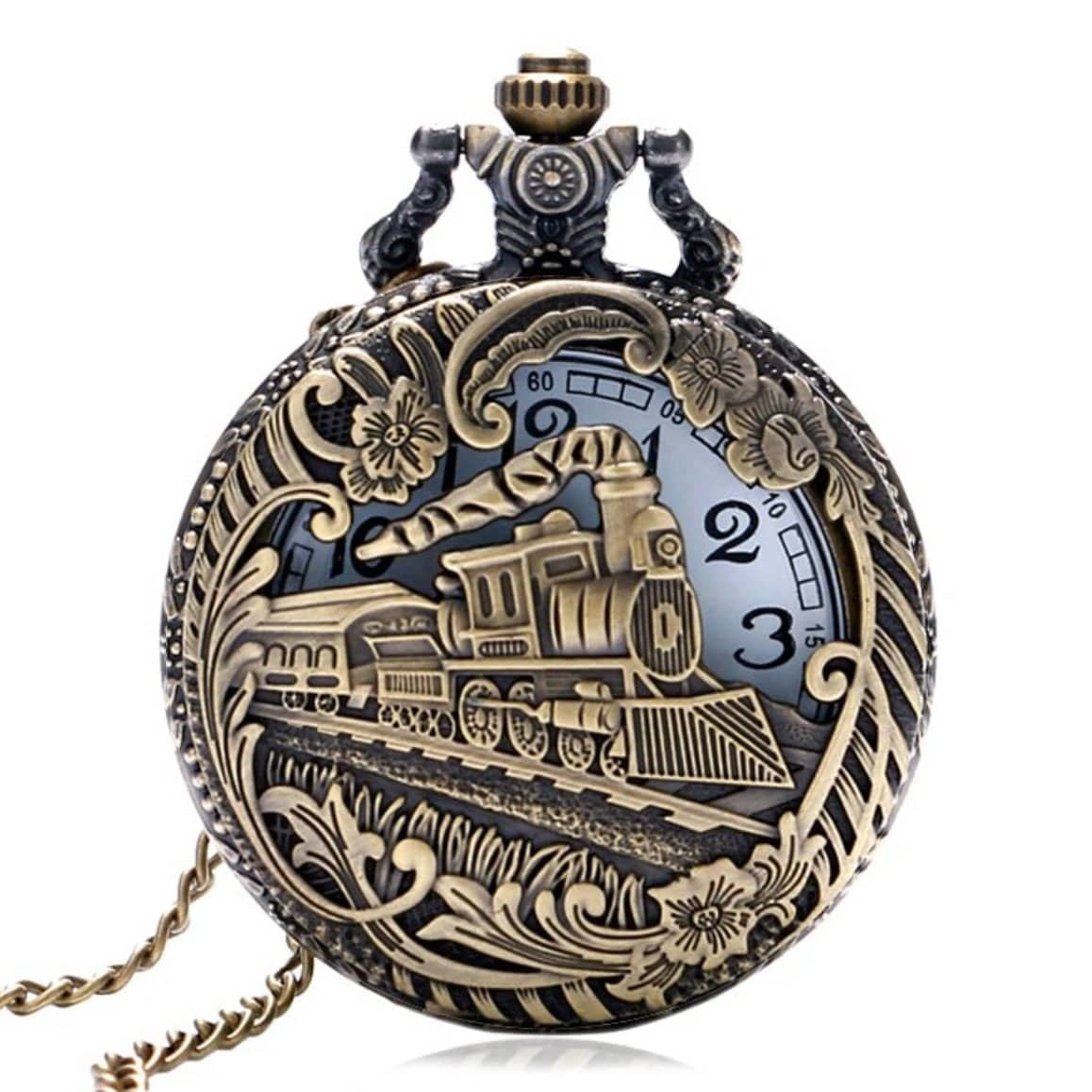 Embossed bronze-colored pocket watch with train design.
