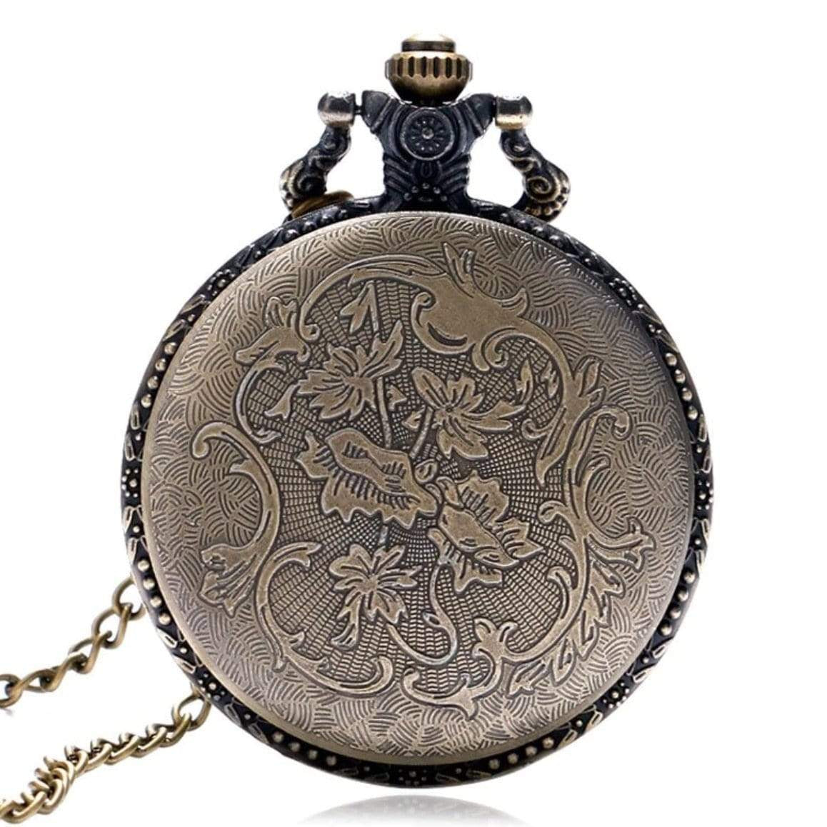 Bronze floral pocket watch with chain.
