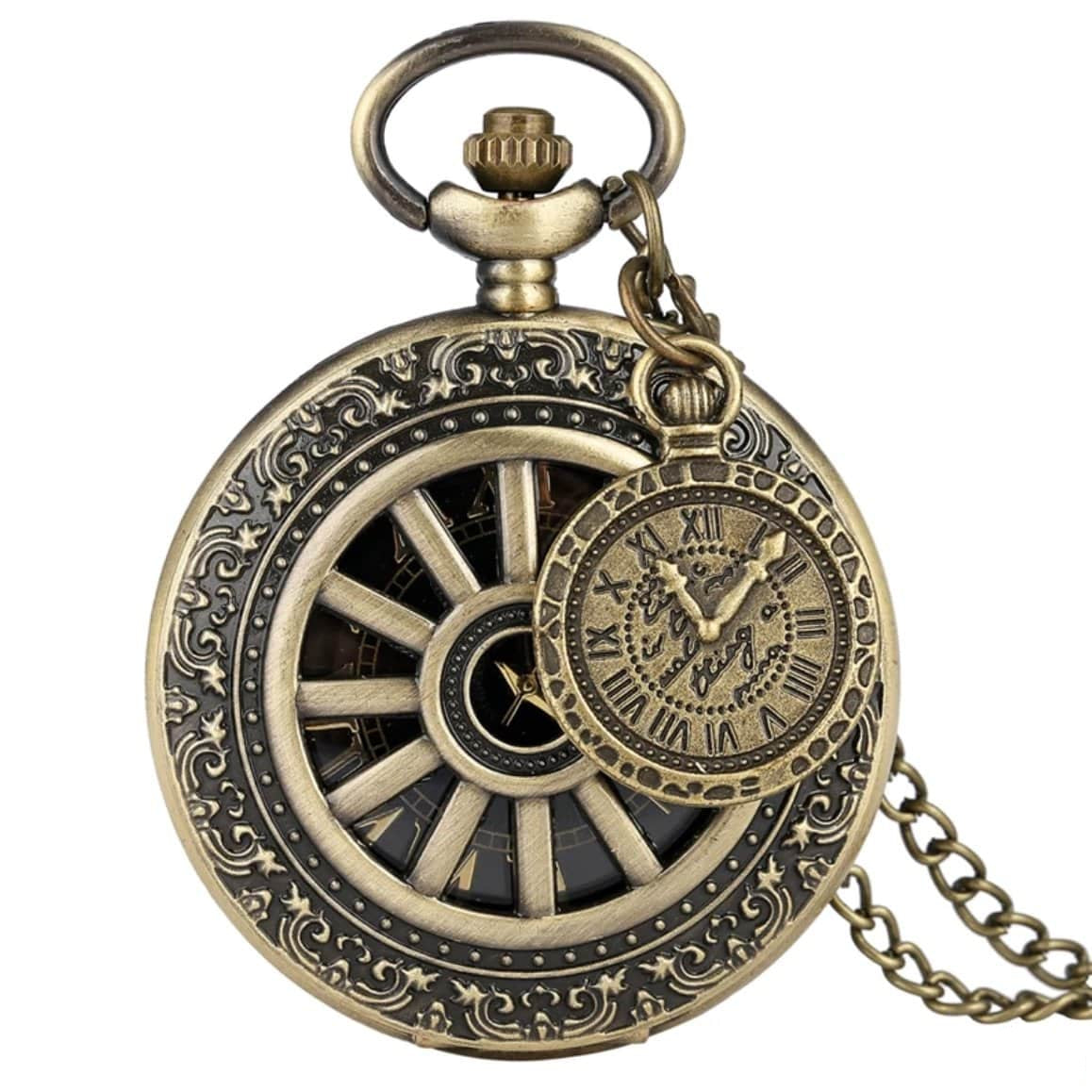 Steampunk pocket watch with bronze-tone casing, wheel design, and hanging watch pendant.
