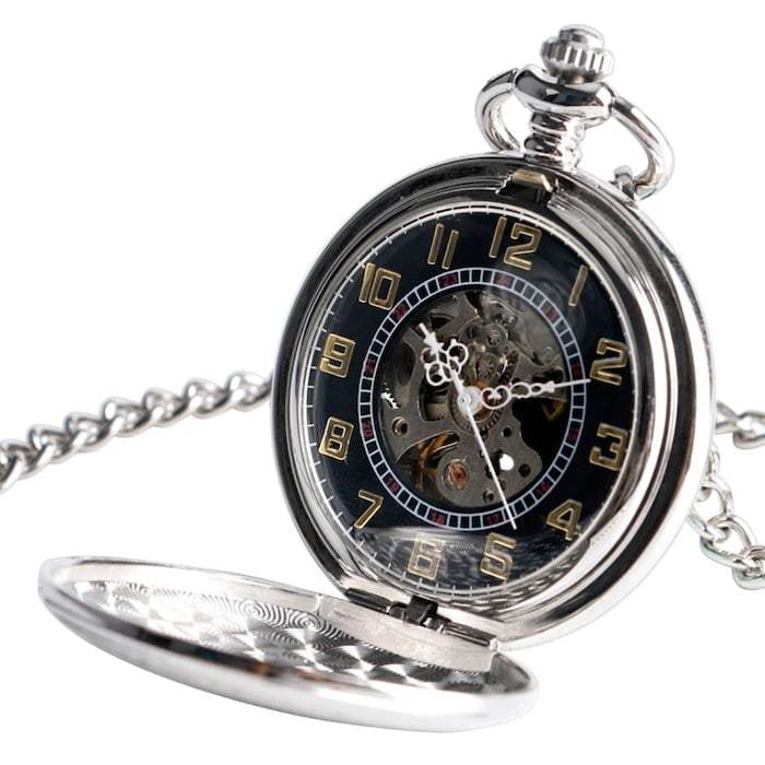 Silver pocket watch with skeleton face and opened cover.
