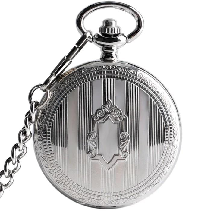 Silver pocket watch with chain.