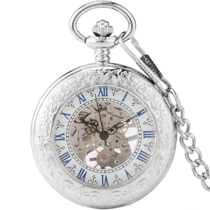Silver skeleton pocket watch with chain.