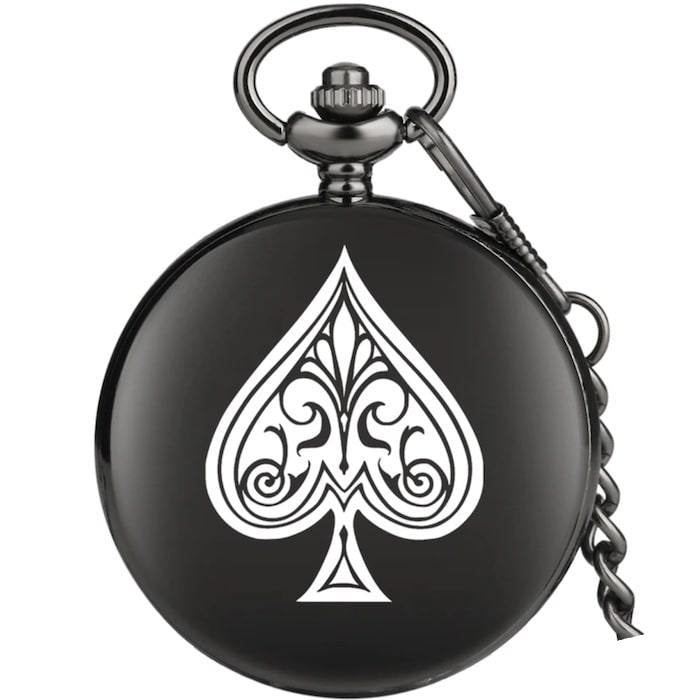 Black pocket watch with white spade design and chain.