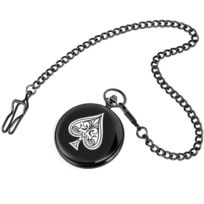 Black pocket watch with spade design and chain.