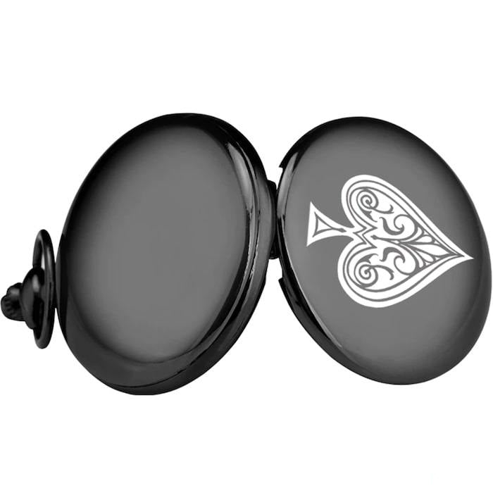 Open black pocket watch with a white spade design.
