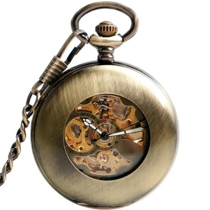 Bronze, mechanical pocket watch with chain. 
