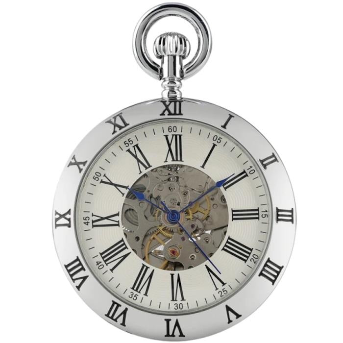 Here are the bounding box detections:
```json
[
  {"box_2d": [259, 125, 992, 868], "label": "pocket watch"}
]
```
Here's a short, clear, and descriptive alt tag for the image:

Silver pocket watch with exposed gears and Roman numeral markers.

