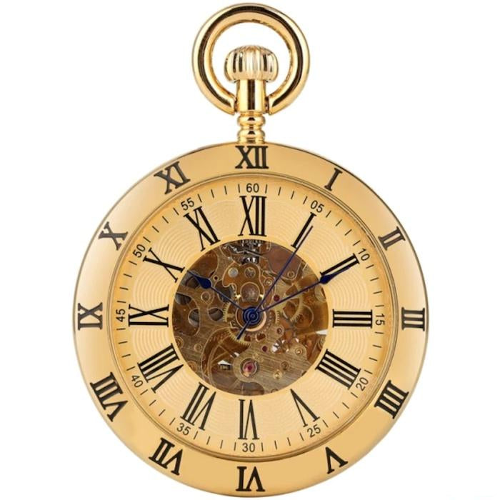 Gold-colored pocket watch with visible inner gears.
