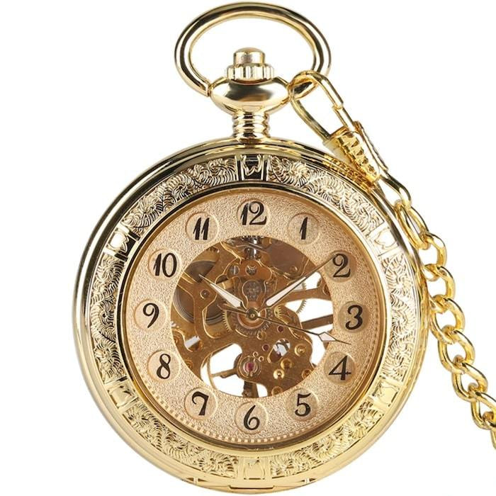 Gold mechanical pocket watch with chain.
