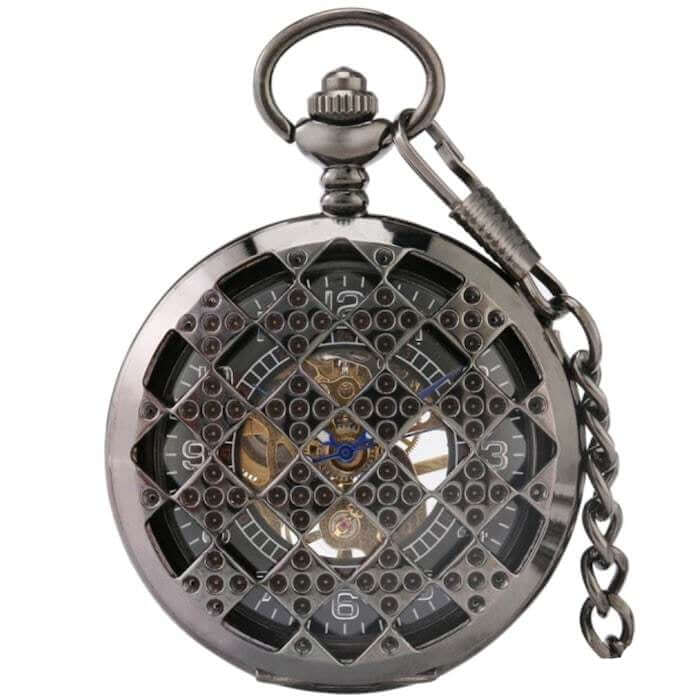 Silver-tone skeleton pocket watch with chain.
