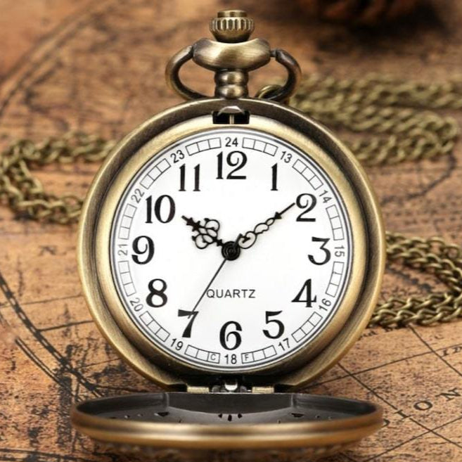 Bronze antique-style pocket watch with a chain on a vintage map background.