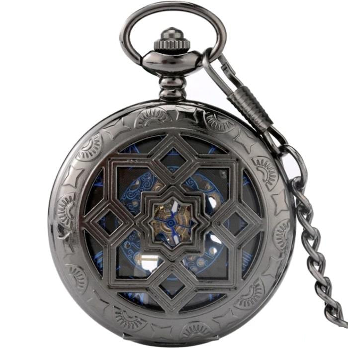 Metal pocket watch with chain.