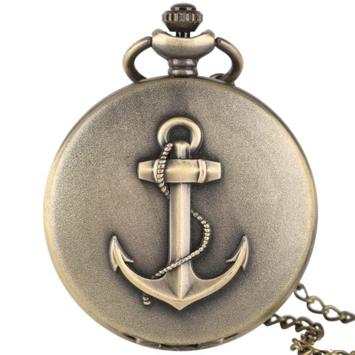 Bronze-colored pocket watch with anchor design.
