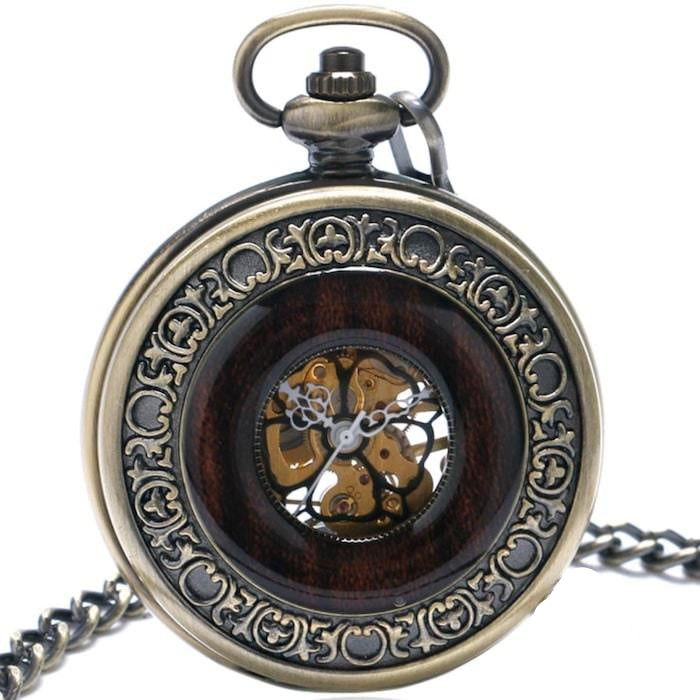 Vintage pocket watch with visible gears.
