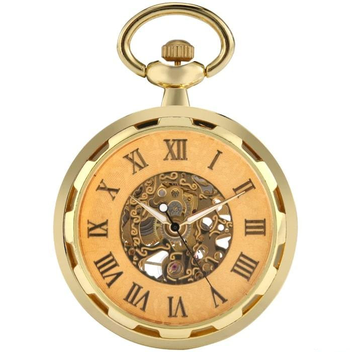 Gold skeleton pocket watch with Roman numerals.
