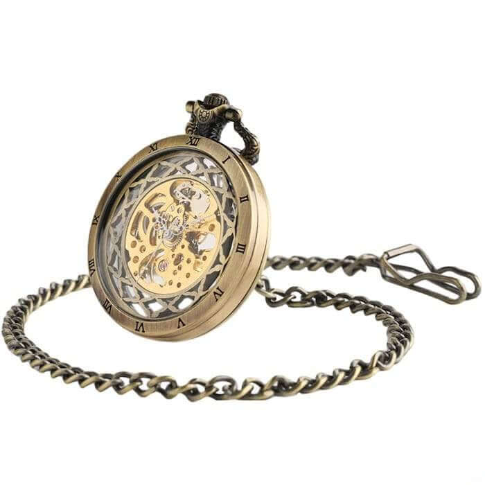 Antique bronze pocket watch with exposed gears.
