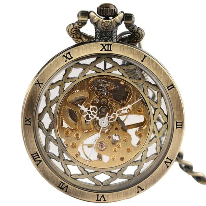 Bronze open face pocket watch with Roman numerals.