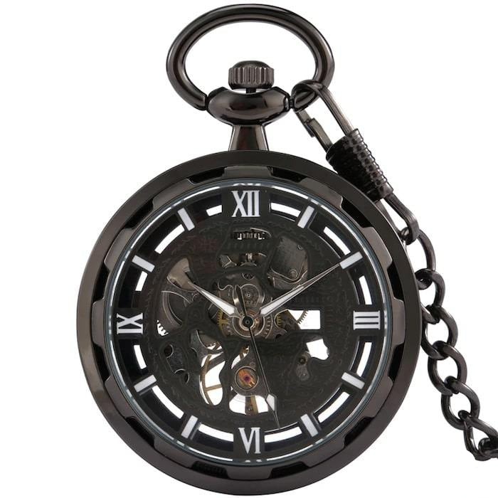 Black mechanical pocket watch with chain.
