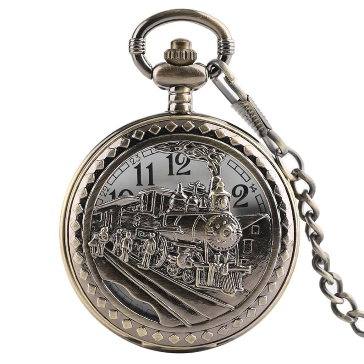 Antique bronze pocket watch with train design. 
