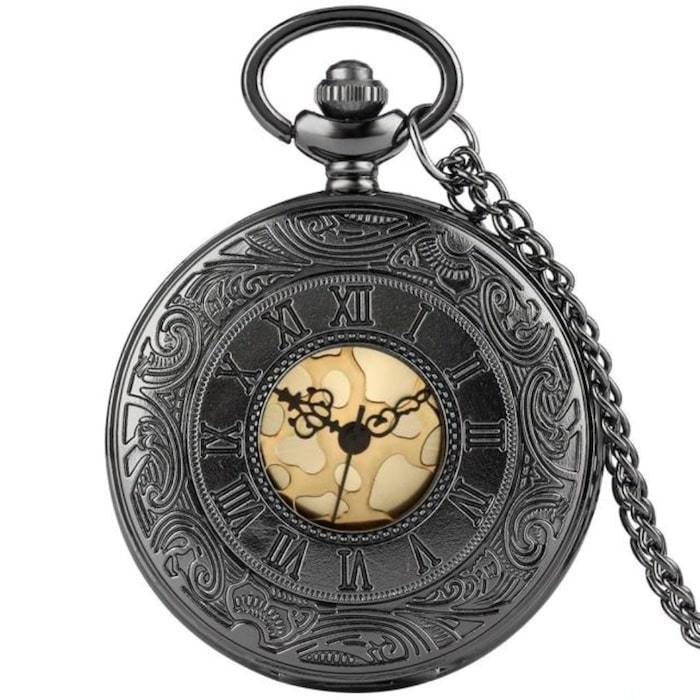 Ornate metal pocket watch with roman numerals and chain.

