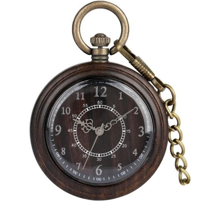 Close-up of a brown and bronze-colored pocket watch with a chain.