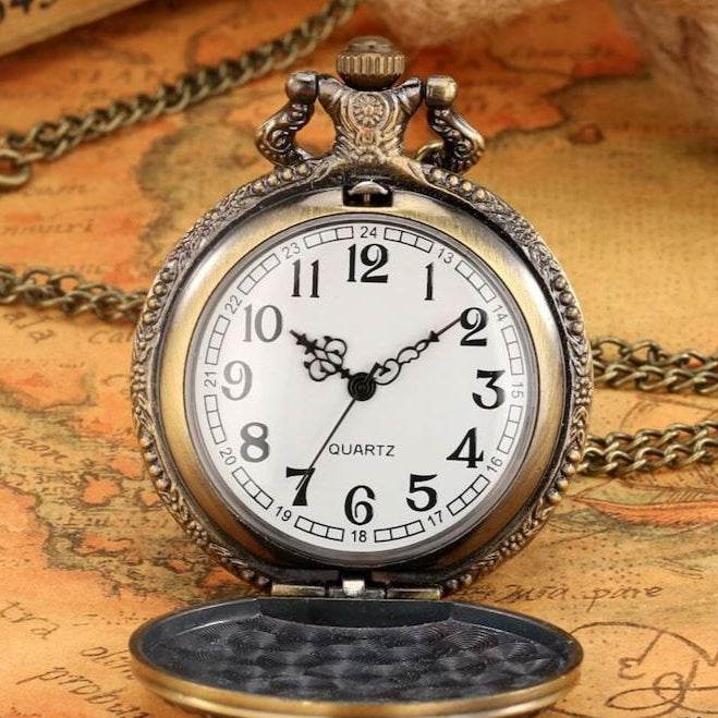 A close-up shot of an antique bronze pocket watch with an open lid on an aged world map background.
