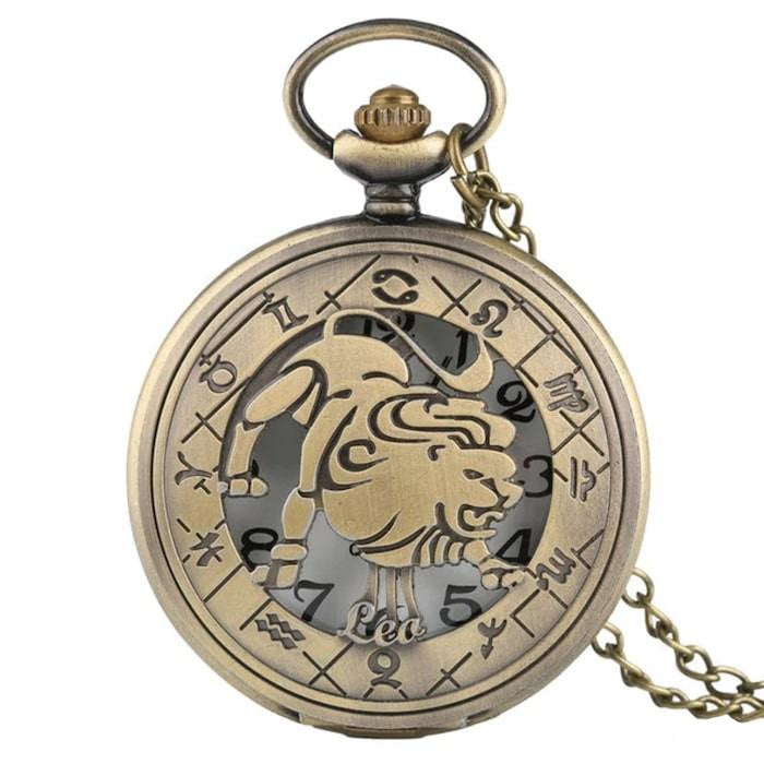 Antique gold-toned pocket watch with zodiac symbols and a lion.