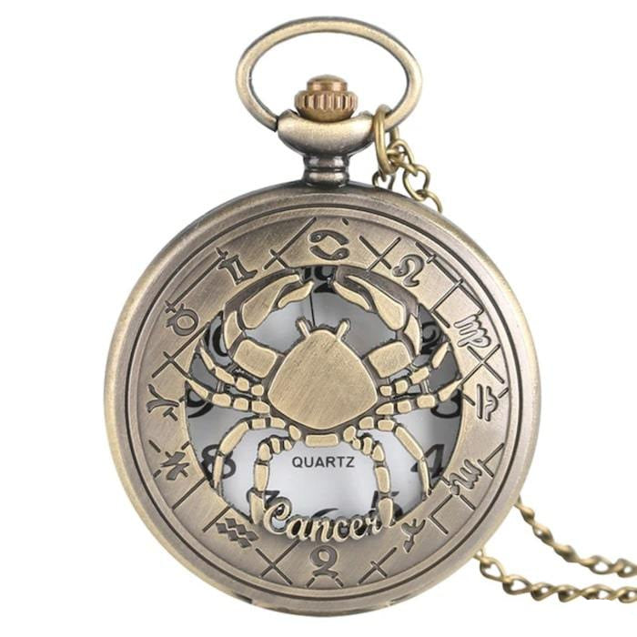 Bronze-colored pocket watch with Cancer zodiac design.
