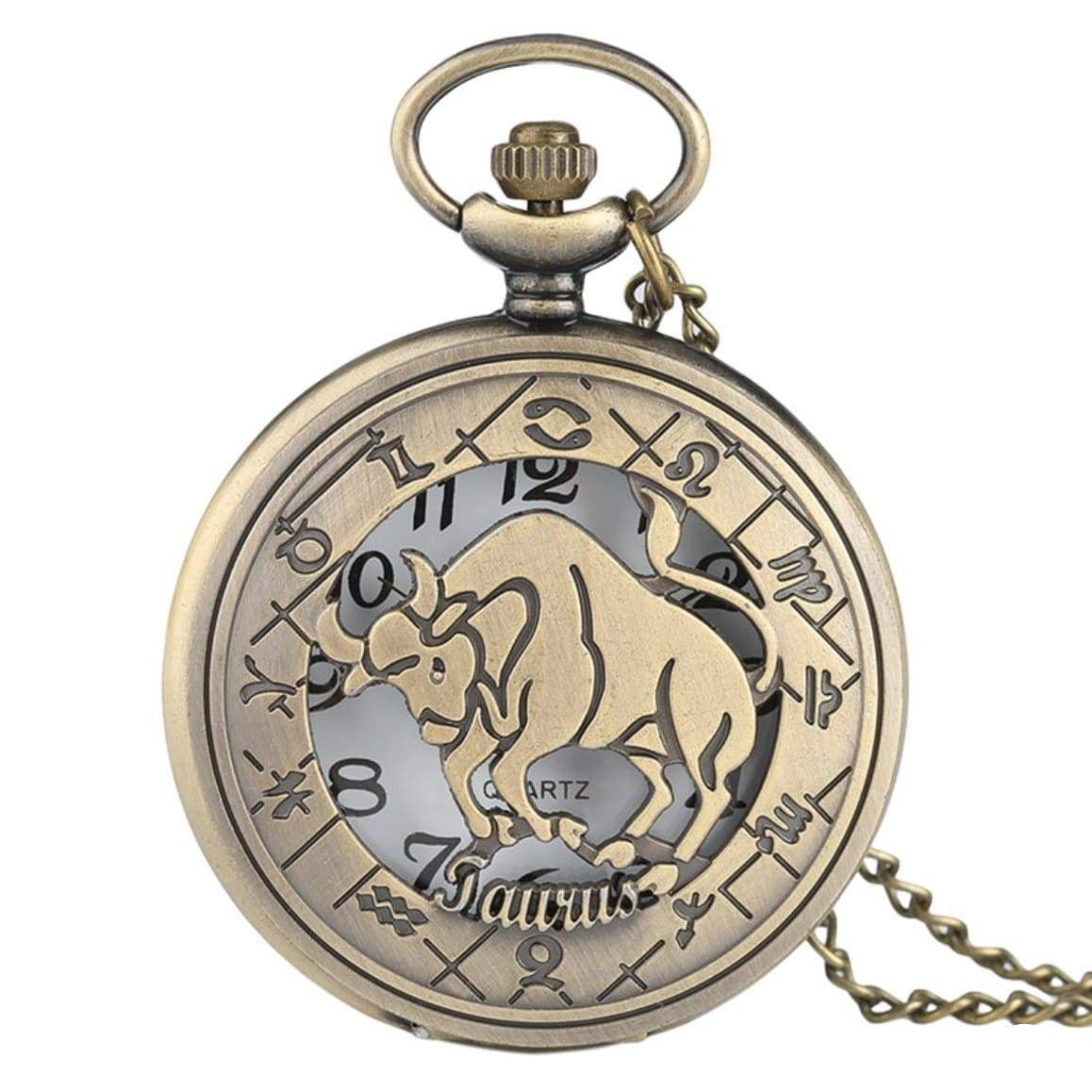 Antique-style Taurus pocket watch with a chain.
