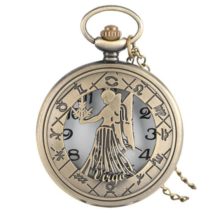 Bronze-colored pocket watch featuring the Virgo zodiac sign and constellations on its face.