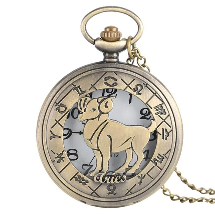 A bronze-colored pocket watch with the zodiac symbol for Aries.