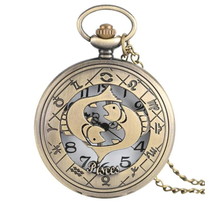 Vintage pocket watch with astrological symbols.