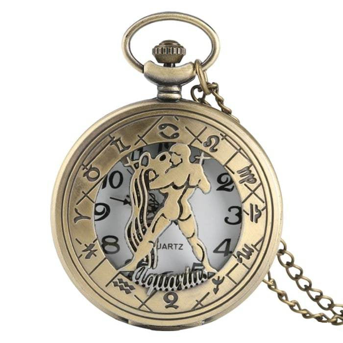 Bronze pocket watch with Aquarius zodiac sign.
