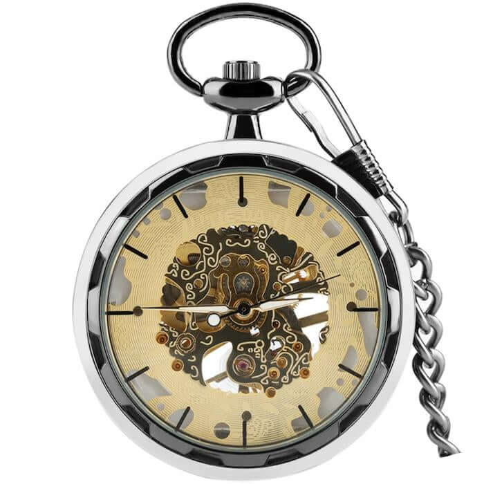 Silver-tone pocket watch with exposed gears.
