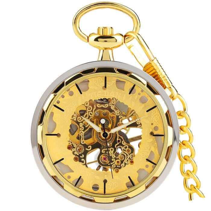 Gold and silver mechanical pocket watch with chain.

