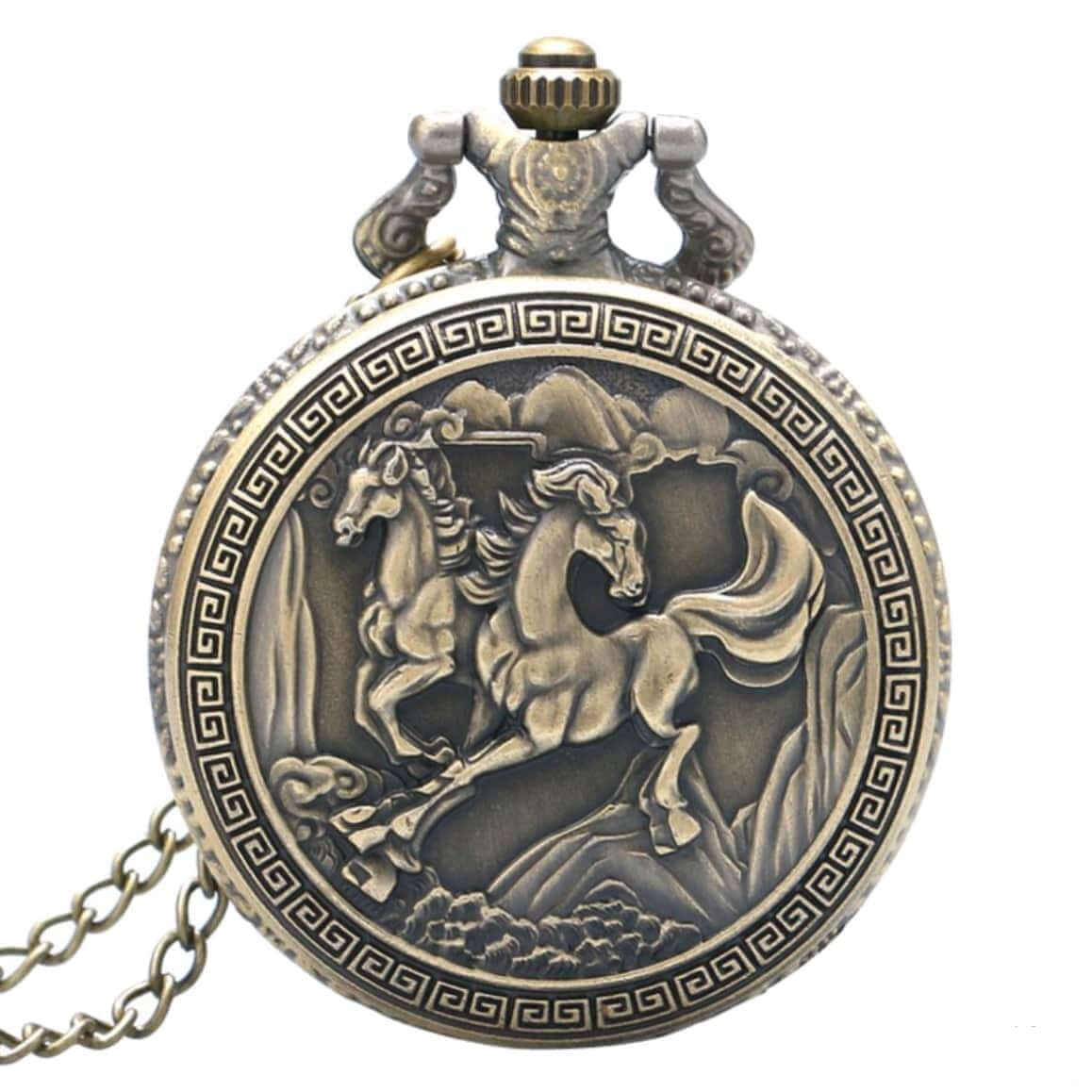 Antique-style pocket watch with two horses.